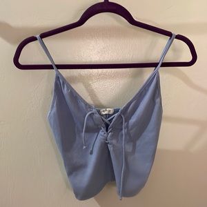 Brandy Millville light blue ribbed tie up bow crop tank top John galt